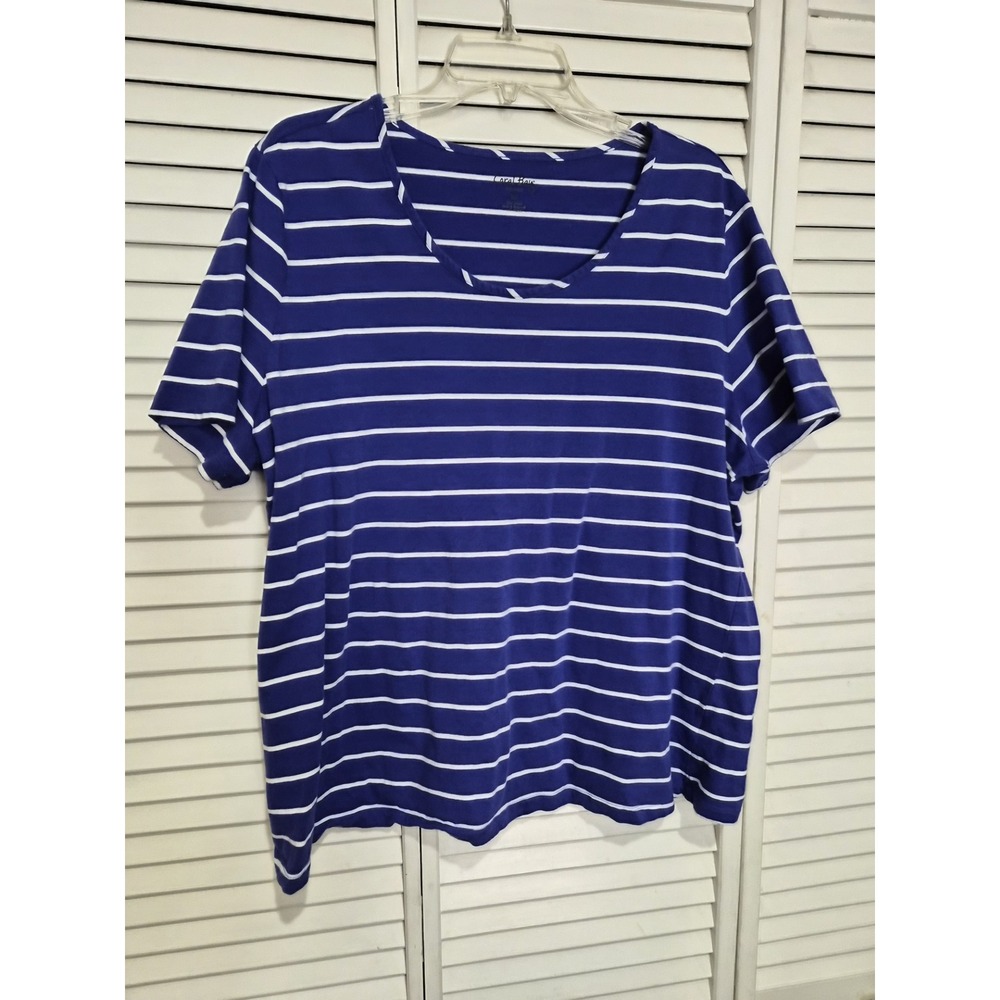 Coral Bay Woman Blue White Striped Short Sleeve Cotton Scoop Neck Tee 2X